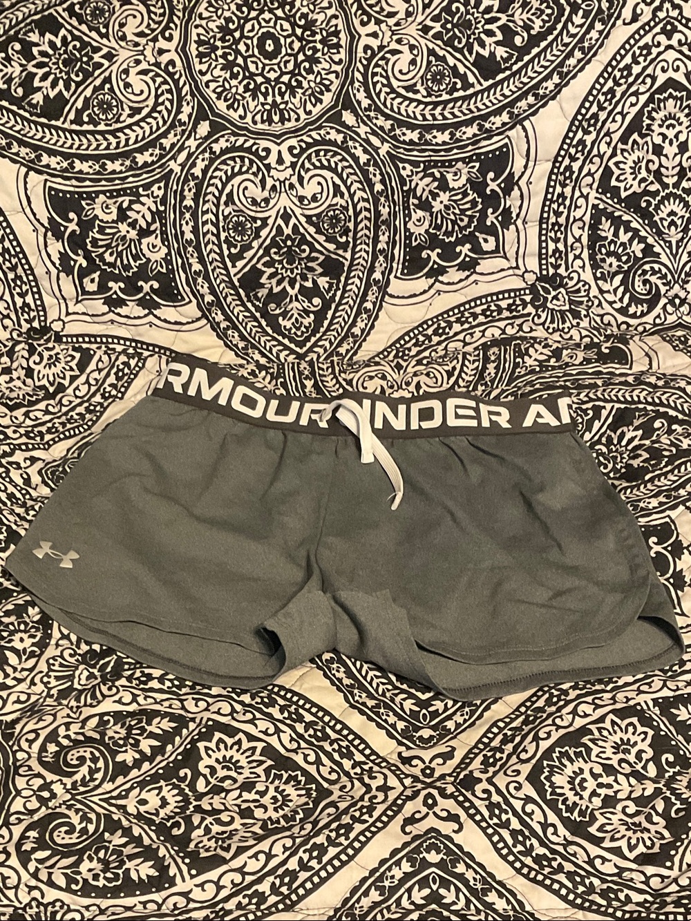 Under Armour Women's Olive Gray Athletic Shorts with Logo Waistband